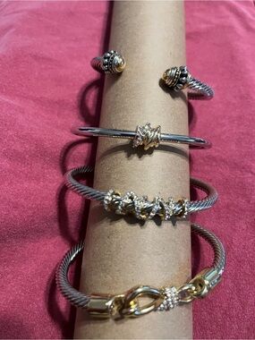 Mixed Metal Cable Cuff Bracelet Set in Silver and Gold. Open bangles.